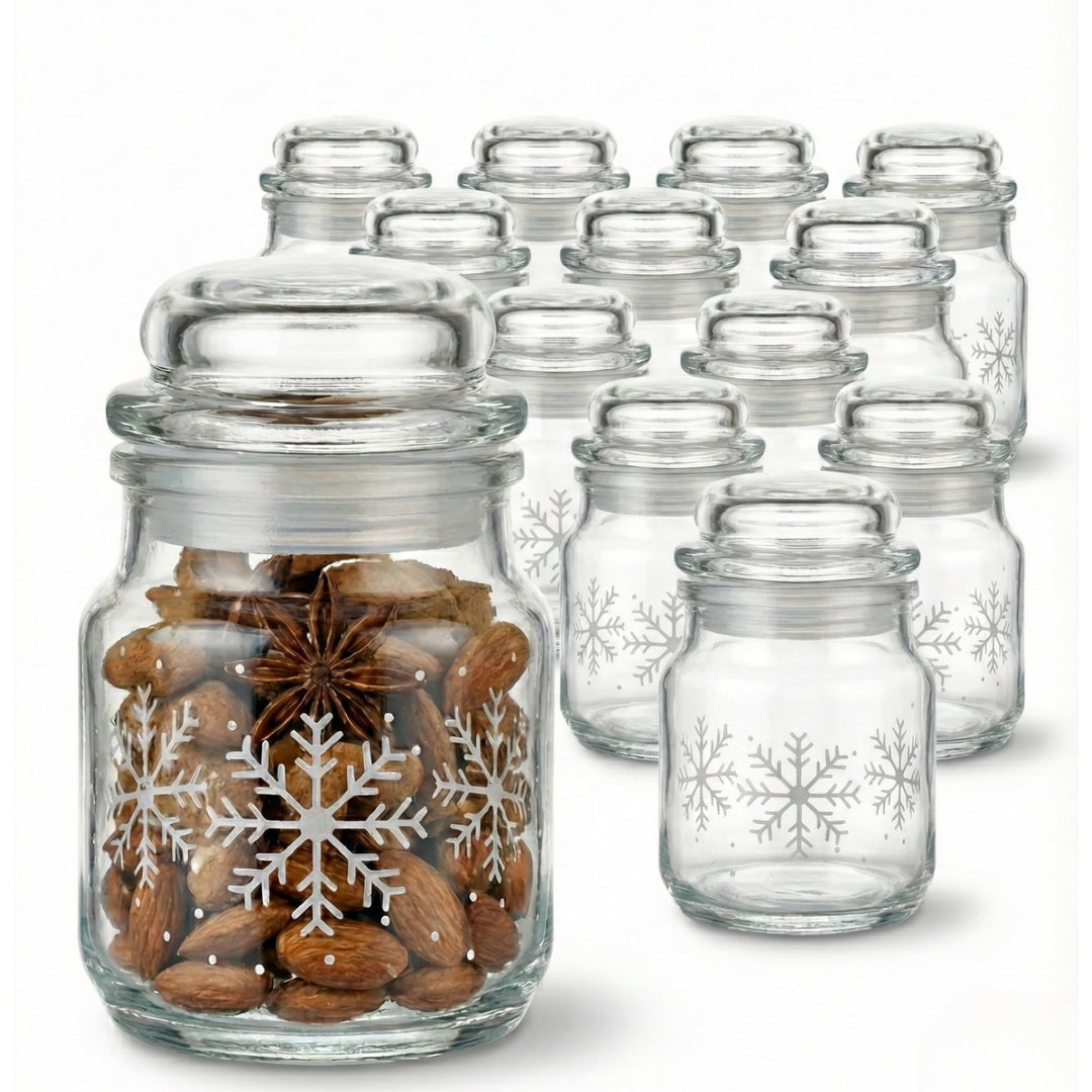 gouveo 12er Set Gläser 100 ml mit Glaskorken - Winter Schneeflocken Design - Vorratsgläser aus Klarg