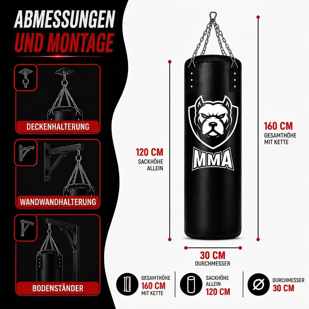 Boxsack Komplett-Set - Nachfüllbar Deckenbefestigung Boxbandagen &amp; Reflexball inklusive Hängender Pu