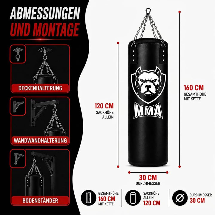 Boxsack Komplett-Set - Nachfüllbar Deckenbefestigung Boxbandagen &amp; Reflexball inklusive Hängender Pu