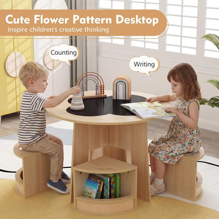 FANTASK 5-TLG. Kindertisch Stuhl Set Rund, Holztisch mit 4 Stauraumhockern, Maltisch für Kinderzimme