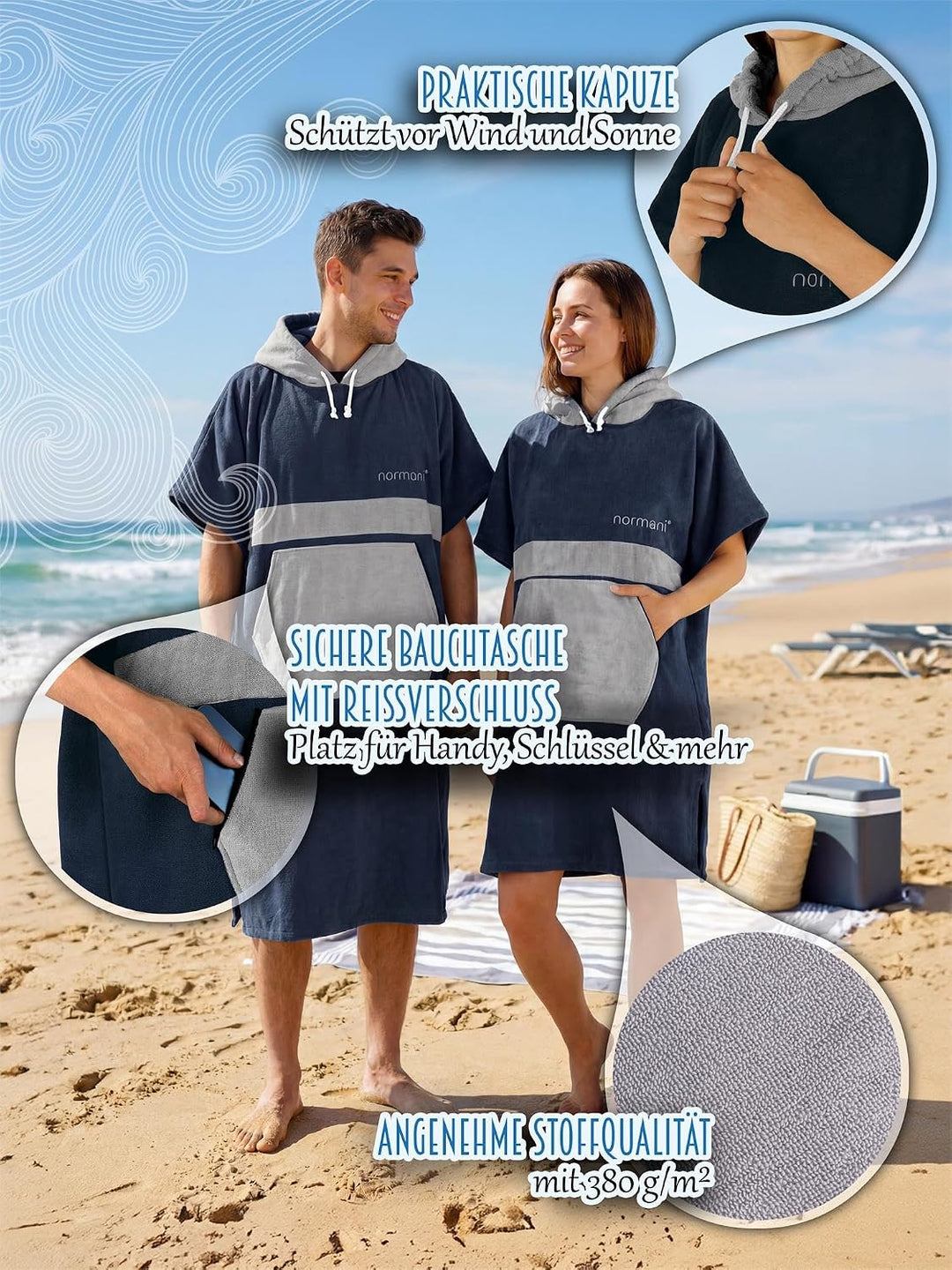 normani Baumwoll Surfer Poncho - Strandponcho - Handtuch-Poncho - Unisex Strand Umziehhilfe - geschl