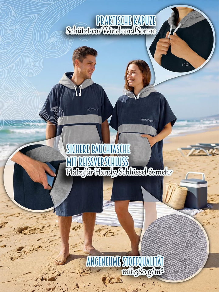 normani Baumwoll Surfer Poncho - Strandponcho - Handtuch-Poncho - Unisex Strand Umziehhilfe - geschl