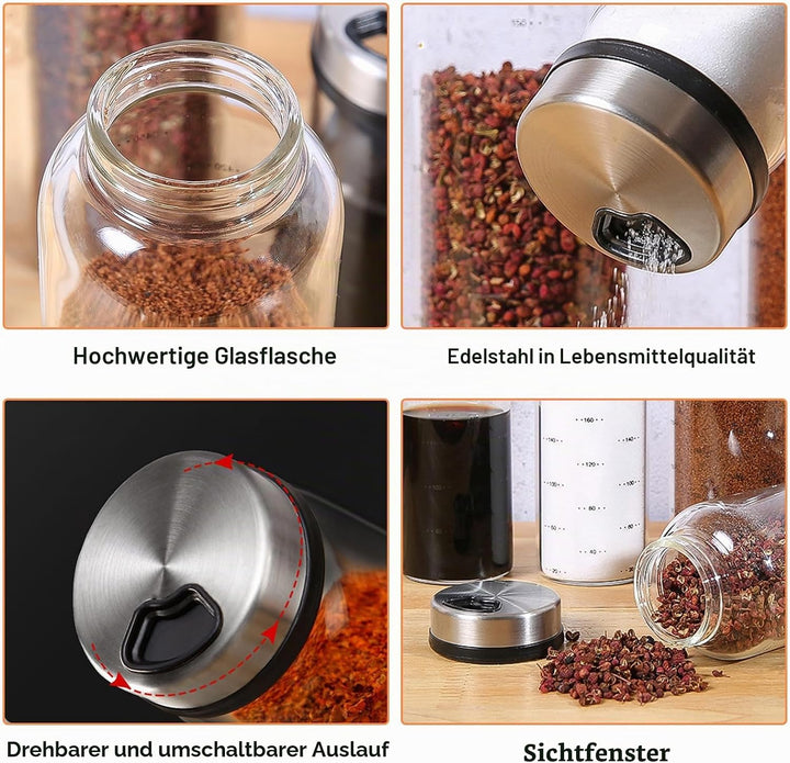4 Stück Gewürzgläser Mit Drehdeckel 500 ML, Borosilikatglas Gewürzstreuer Mit 3 Arten Von Gewürzlöch