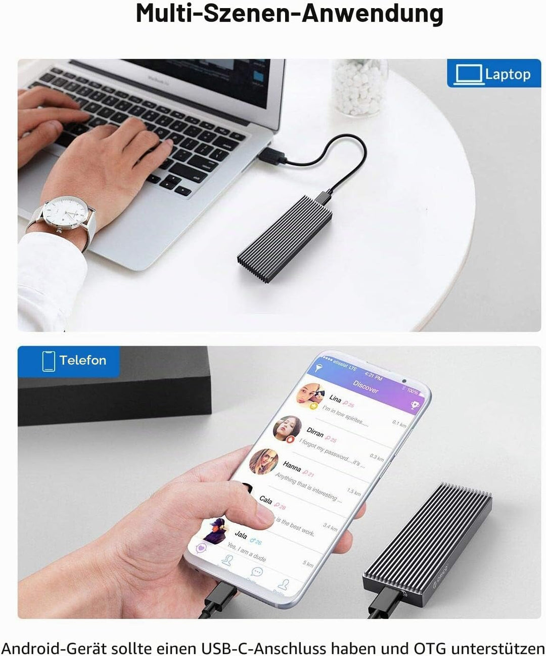 ORICO NVMe M.2 SSD Gehäuse 20Gbps bis zu 2000MB/s, USB 3.2 Gen2x2 USB-C Aluminium NVMe Adapter für P
