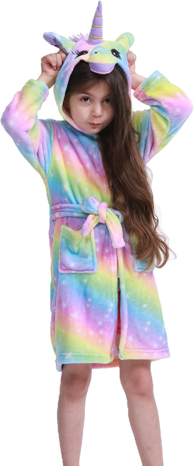 Bademantel für Mädchen, Weicher Flanell Schlafanzug mit Kapuze, Warme Kinder Hausbekleidung für 3-11