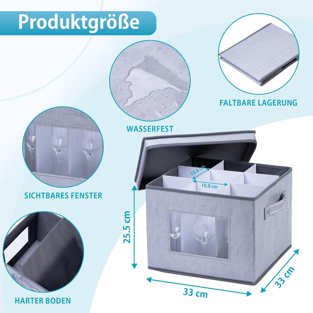 VENO Aufbewahrungs- und Stielglas-Box mit Deckel und Griffen, Glaswaren, Porzellan-Organizer, ideal