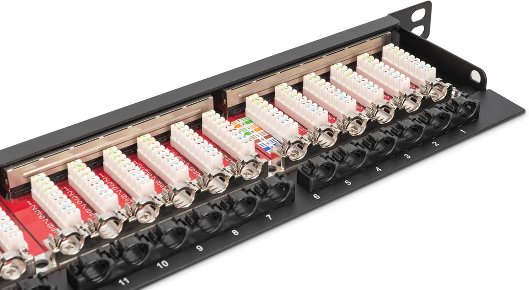 DIGITUS Patchpanel - 19-Zoll - Cat-6A - 24-Port RJ45 - Geschirmt - LSA Patch-Feld - Rack-Montage 0.5
