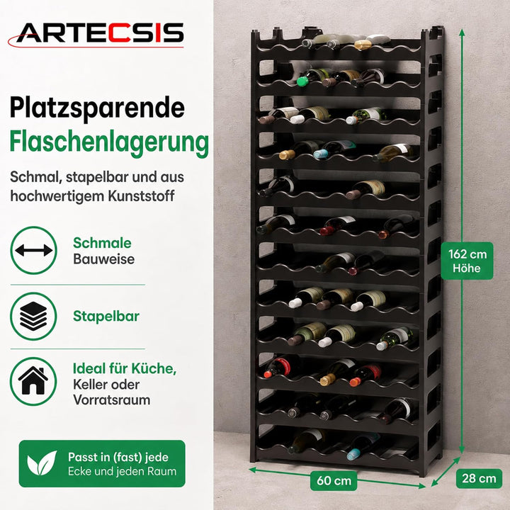 ARTECSIS Weinregal stapelbar Kunststoff für 72 Flaschen, stabiles leichtes Flaschenregal für Keller,