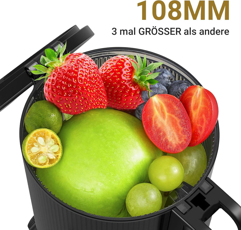 AMZCHEF 200W Kaltpress Slow Juicer - 108MM Grosser Einfüllschacht Entsafter für Ganze Gemüse und Obs