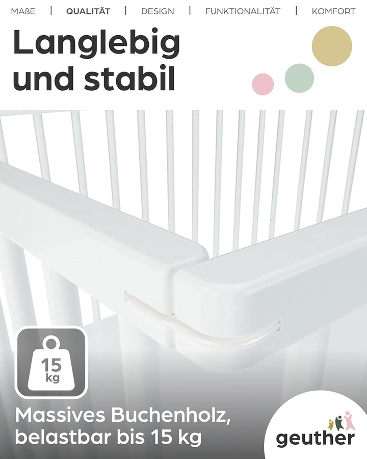 Laufgitter Baby Leon, 75x95 cm, 3-fach höhenverstellbar, schadstoffrei in Holz Weiss I Mobiler Laufs