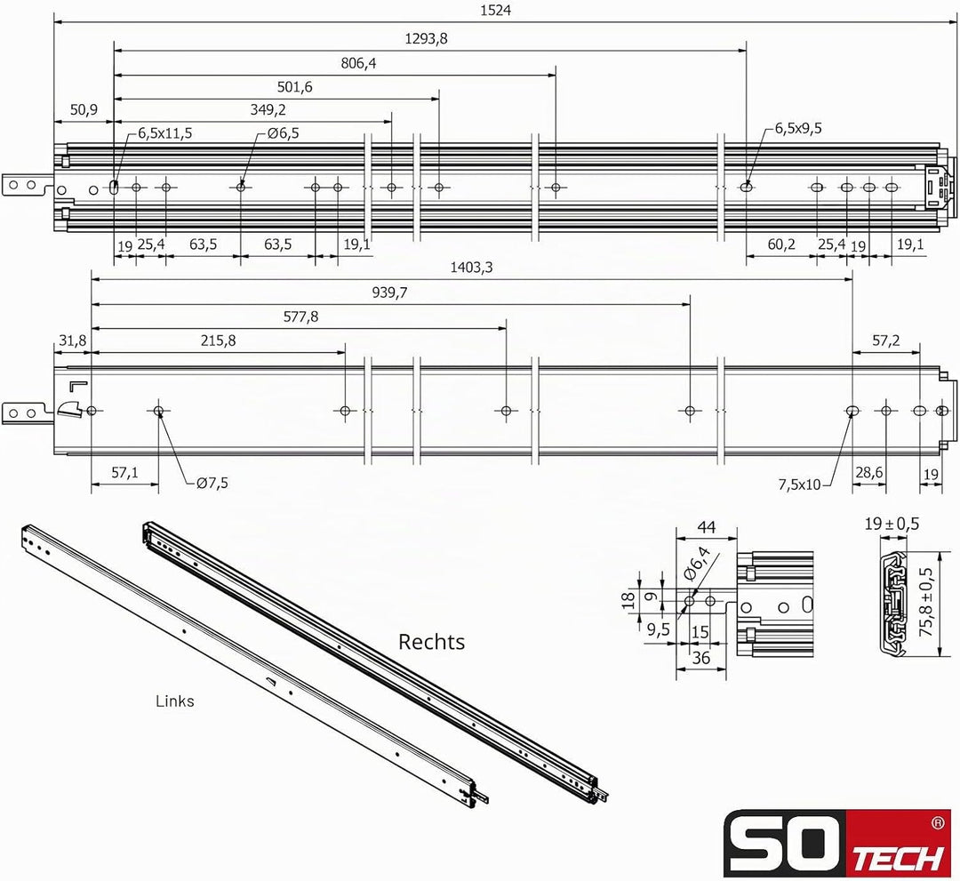 1 Paar SOTECH Schwerlastauszüge VarioSlide KV2-200-H76-L1500-EH 1524 mm mit Lock-in/out Einrastfunkt
