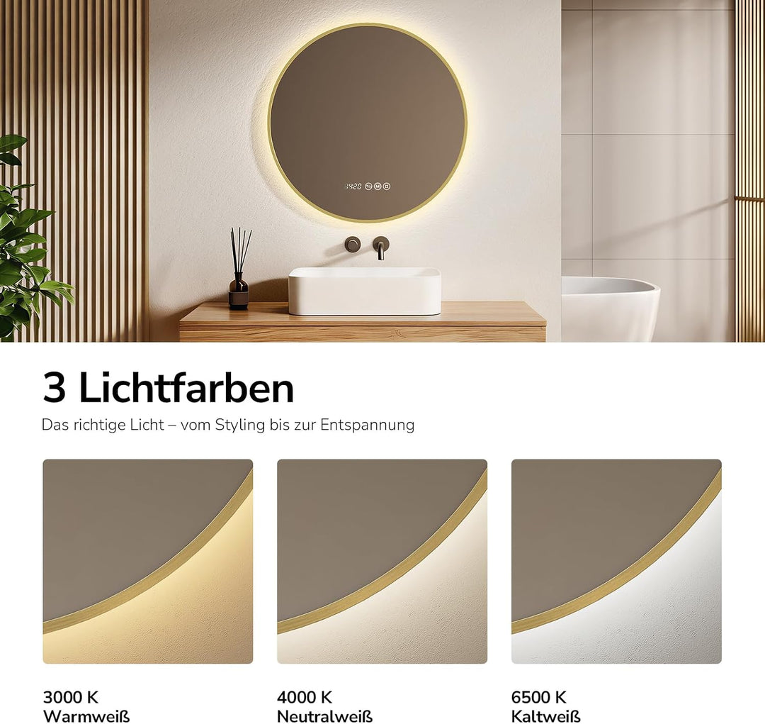 EMKE LED Badspiegel Rund Spiegel mit Beleuchtung ф70cm Gebürstetem Goldrahmen LED Badezimmerspiegel