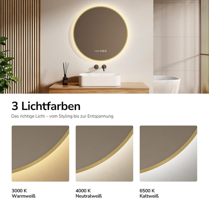 EMKE LED Badspiegel Rund Spiegel mit Beleuchtung ф70cm Gebürstetem Goldrahmen LED Badezimmerspiegel