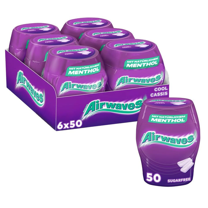 Airwaves Cool Cassis, Zuckerfreie Kaugummi-Dose, Mit Menthol Frische, 6 Dosen mit je 50 Dragees Cool
