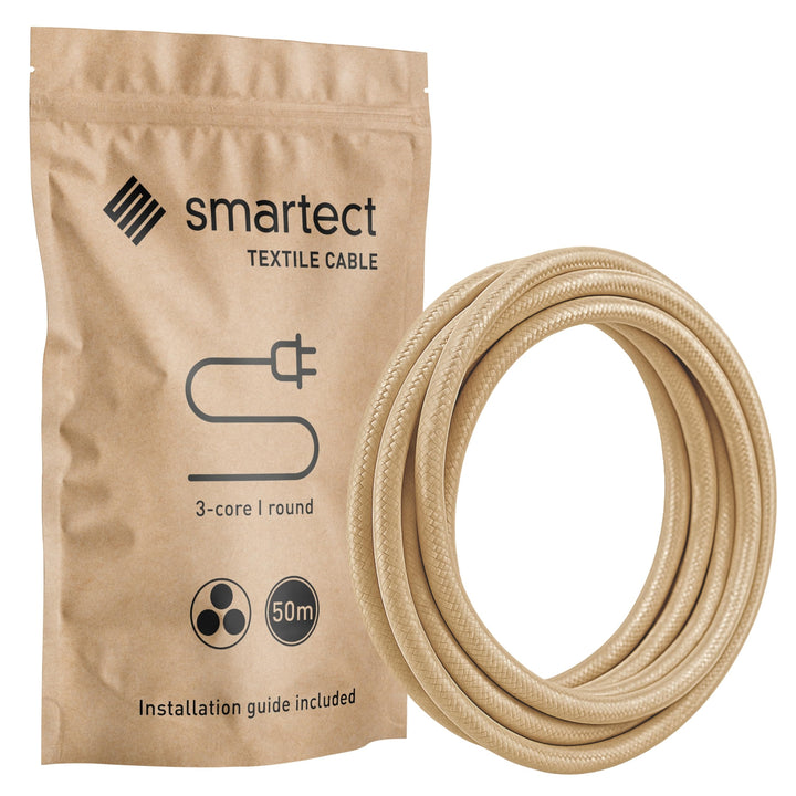 smartect Textilkabel 3-Adrig (3 x 0.75 mm²) Hellbraun, 50 Meter | Vintage Lampenkabel Stoff, Stromka