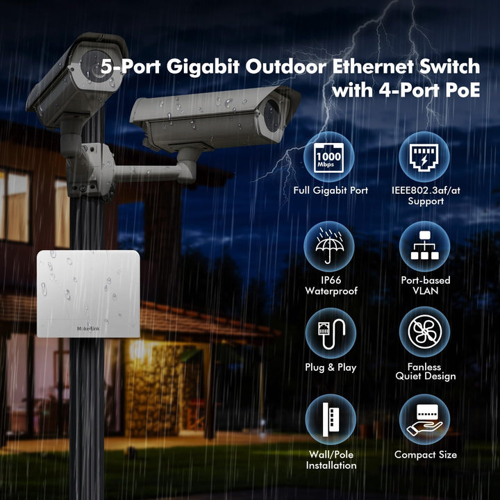MokerLink 5 Port Outdoor Gigabit POE Switch, mit 4 POE+ Ports 1000Mbps, 78W IEEE802.3af/at, Wetterfe