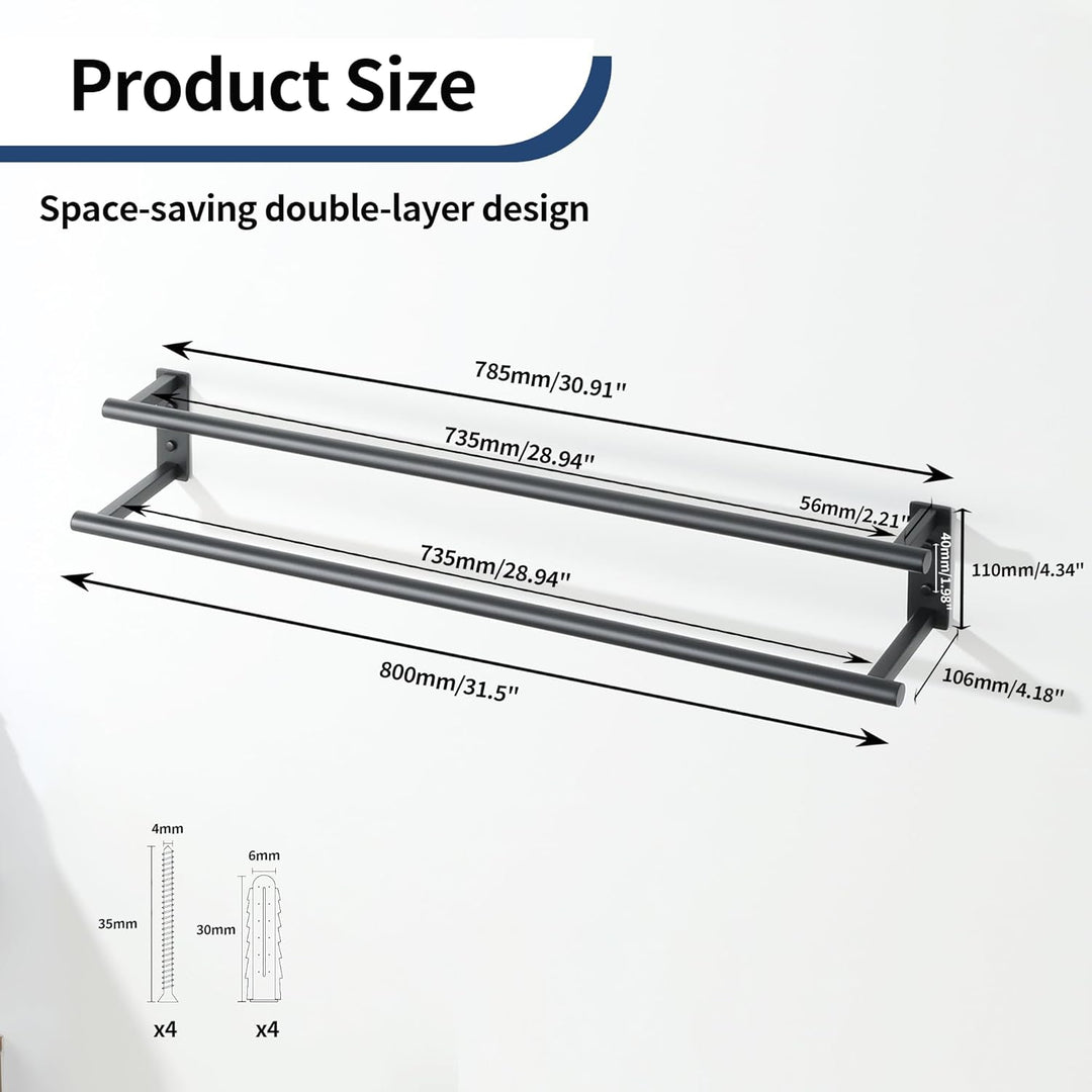 80CM Handtuchhalter Wand, SUS304 Edelstahl Doppelter Gästehandtuchhalter,Handtuchhalter Schwarz Rost