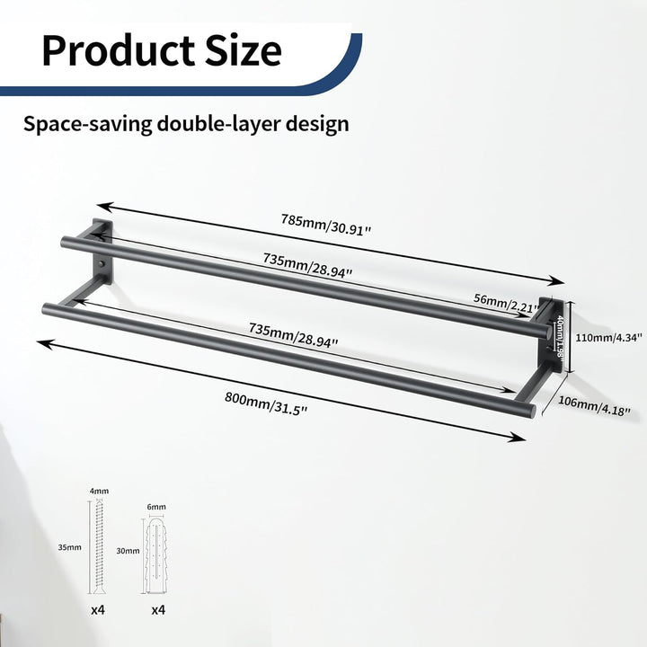80CM Handtuchhalter Wand, SUS304 Edelstahl Doppelter Gästehandtuchhalter,Handtuchhalter Schwarz Rost