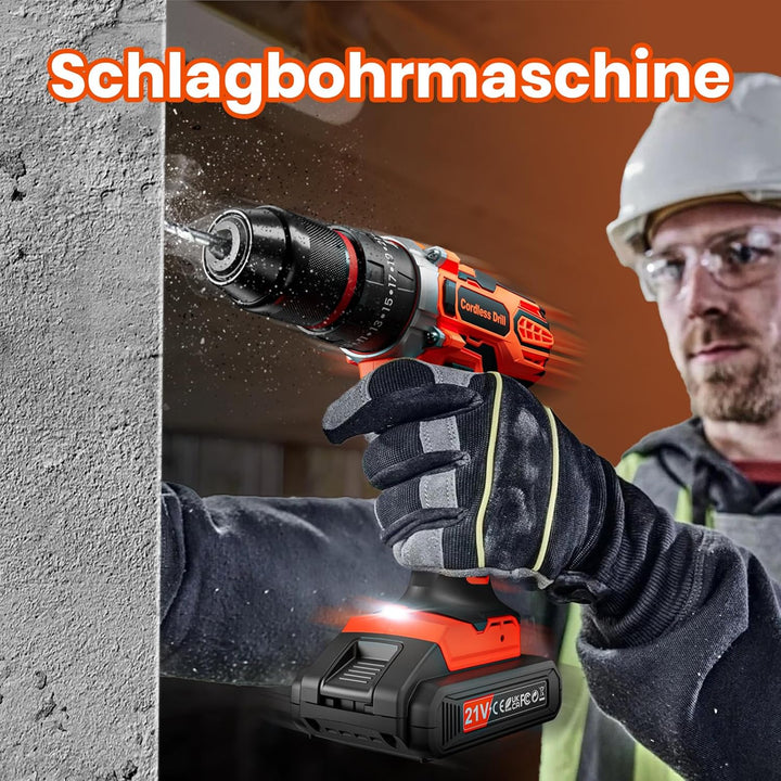 21V Akku Bohrmaschine, Akku Schlagbohrschrauber mit 2 Akkus 2,0Ah, Akkuschrauber Set 45Nm, Akkubohre
