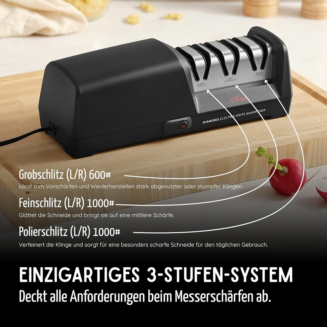 Messerschärfer elektrisch - 3-Stufen Diamant Messer schärfen - Grob, Fein & Polieren - 15° Winkel -