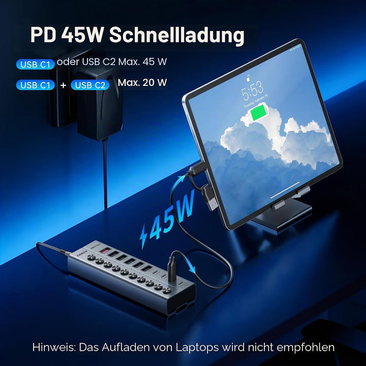 FIDECO 10 Ports USB Hub mit Netzteil, USB Hub Aktiv mit 1 BC1.2, 2 PD 45W Charging Port und 7 USB 3.