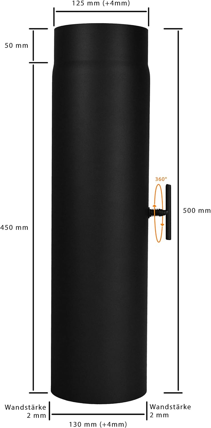 Ofenrohr 500 mm mit Drosselklappe, im Durchmesser DN 130 mm, Farbe: schwarz - weitere Rohre aus unse