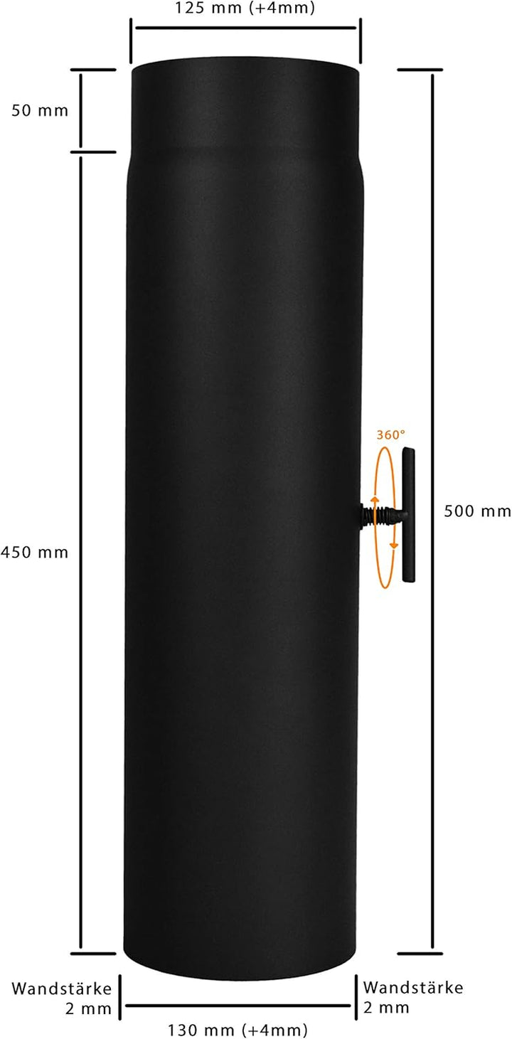 Ofenrohr 500 mm mit Drosselklappe, im Durchmesser DN 130 mm, Farbe: schwarz - weitere Rohre aus unse