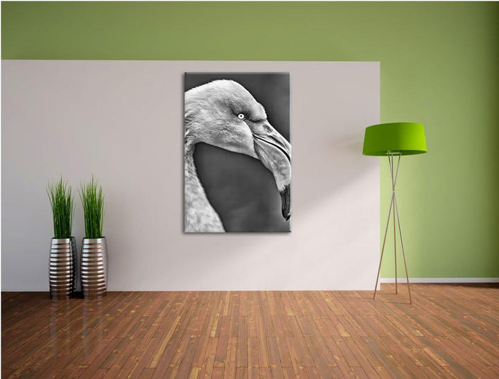 Pixxprint Monocrome, Flamingo im Seitenprofil, Format: 100x70 auf Leinwand, riesige Bilder fertig ge