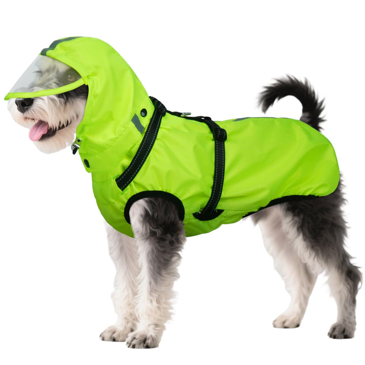 Hunderegenmantel wasserdicht, Regenjacke mit reflektierenden Streifen, H-Brustgeschirr (D-Ring) & Ab