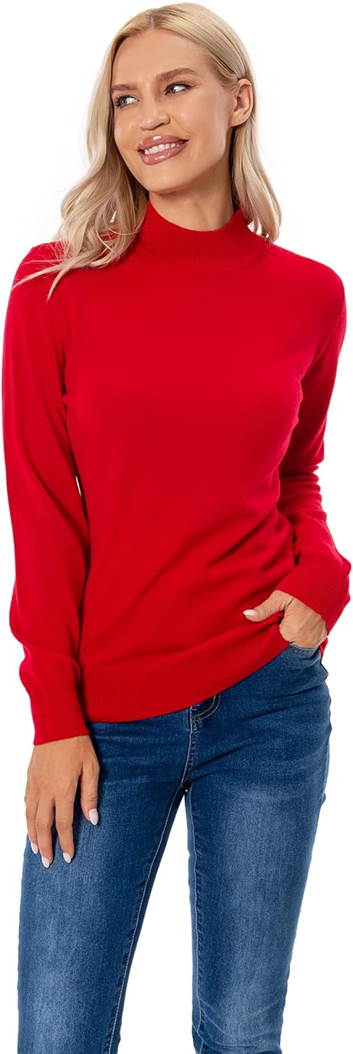 WOSICA Women's 100% Pure Cashmere Long Sleeve Pullover Mock Neck Sweater XS Alizarin Red, XS Alizari