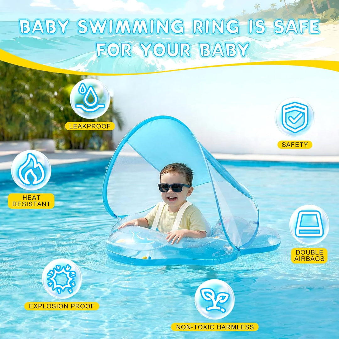 Baby Schwimmring mit abnehmbarem Sonnenschutz und Glöckchen, inklusive 1 x Handpumpe und 2 x Reparat