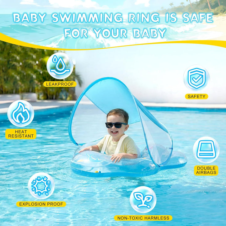 Baby Schwimmring mit abnehmbarem Sonnenschutz und Glöckchen, inklusive 1 x Handpumpe und 2 x Reparat