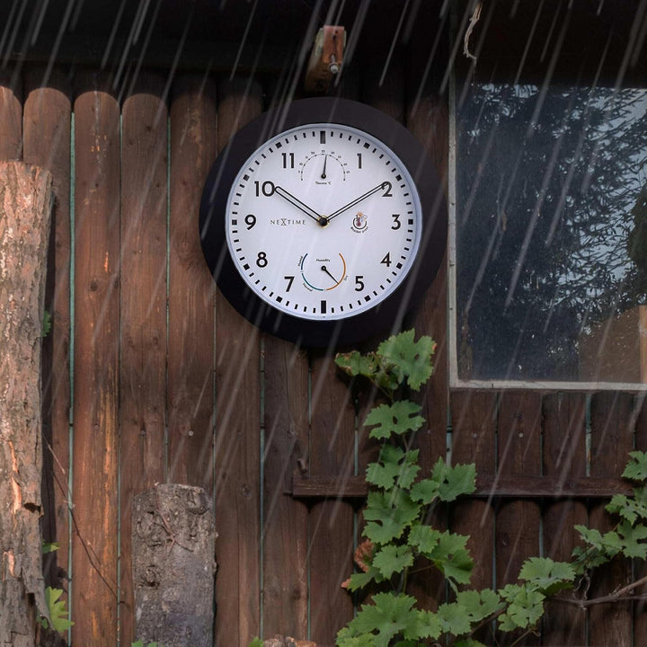 NeXtime Wall Clock (Garden/Inside) 25,5 cm-Time/Temp/Humidity-Black-Plastic Daisy, One Size