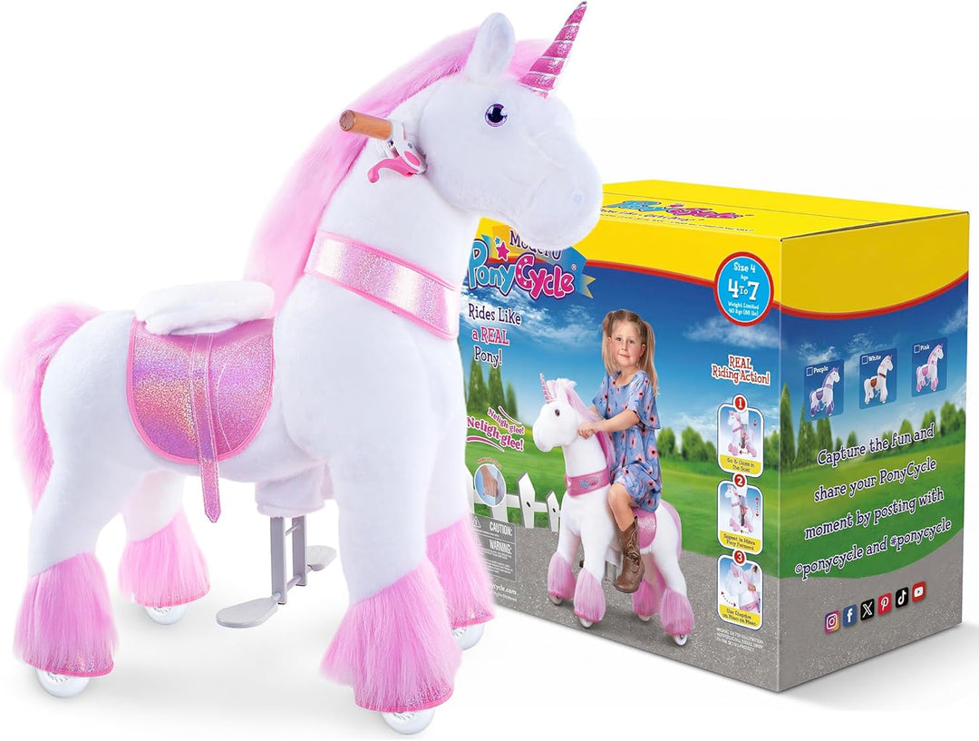 PonyCycle Einhorn zum Reiten, für Kinder 4–7 Jahre, 76cm Hoch, Einhorn auf Rollen mit Handbremse und