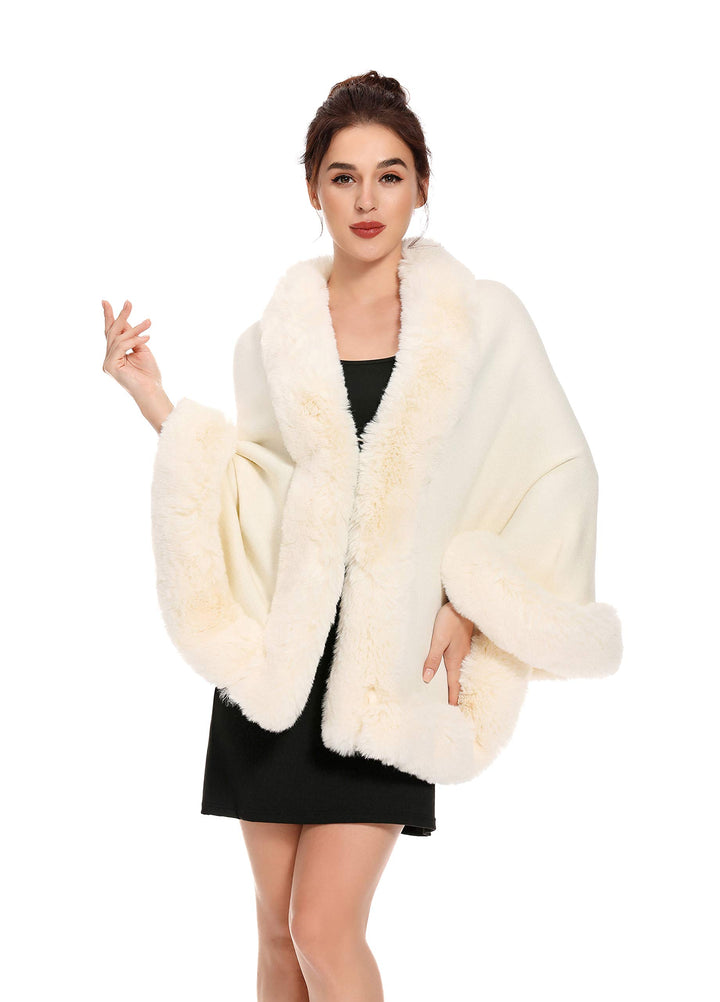 ZLYC Damen Winter Kunstpelz Poncho Cape Strick Schal Stola Warm Cardigan Beige, Beige