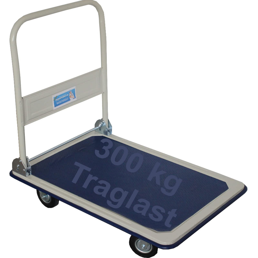 Plattformwagen mit grosser Ladefläche belastbar bis 300 kg mit klappbarem Griff und Zwei Lenkrollen,