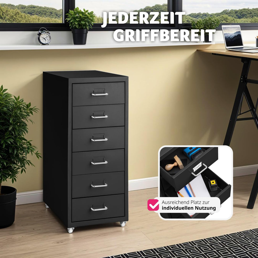 tectake® Metall Rollcontainer, Büromöbel für Schreibtisch, Büro Organizer mit 6 Schubladen, Schublad