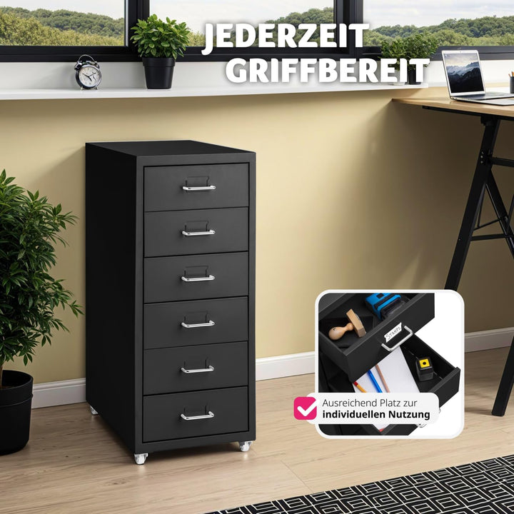 tectake® Metall Rollcontainer, Büromöbel für Schreibtisch, Büro Organizer mit 6 Schubladen, Schublad