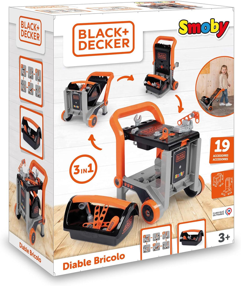 Smoby - Black + Decker 3-in-1 Multi-Werkbank mit Werkzeugkoffer - kleine Werkbank, mobiler Trolley,