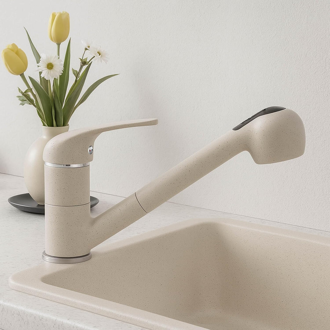 Beige ausziehbare Granit Küchenarmatur Spültischarmatur Küchen Wasserhahn mit herausziehbarer Geschi