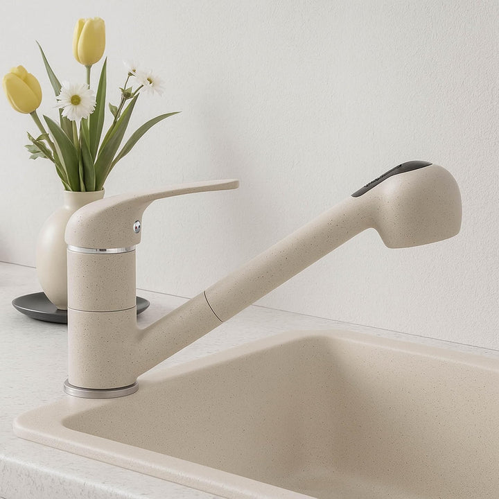 Beige ausziehbare Granit Küchenarmatur Spültischarmatur Küchen Wasserhahn mit herausziehbarer Geschi