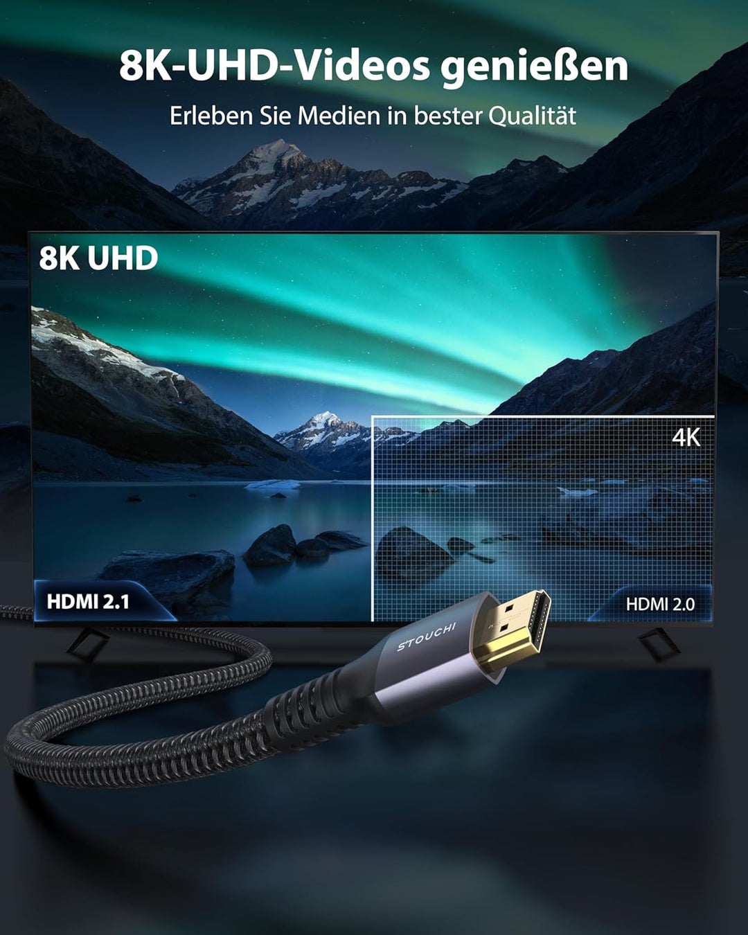Stouchi Ultra High Speed 2m(2er-Pack) HDMI® Zertifiziertes Kabel, HD 48 Gbit/s Hochgeschwindigkeit