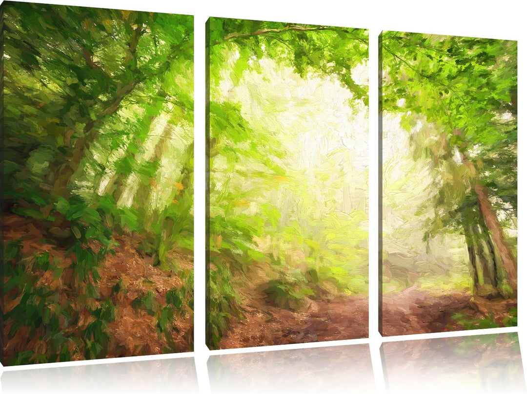 Pixxprint Sonnenstrahlen Waldweg Pinsel Effekt 3-Teiler Leinwandbild 120x80 Bild auf Leinwand