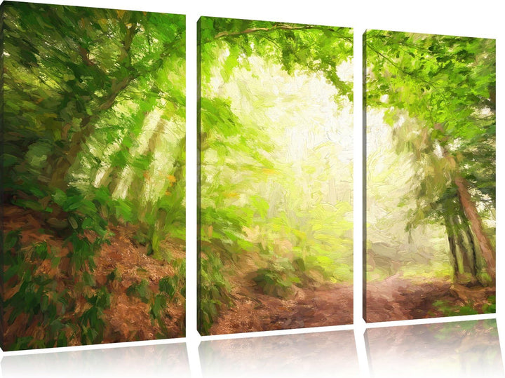 Pixxprint Sonnenstrahlen Waldweg Pinsel Effekt 3-Teiler Leinwandbild 120x80 Bild auf Leinwand