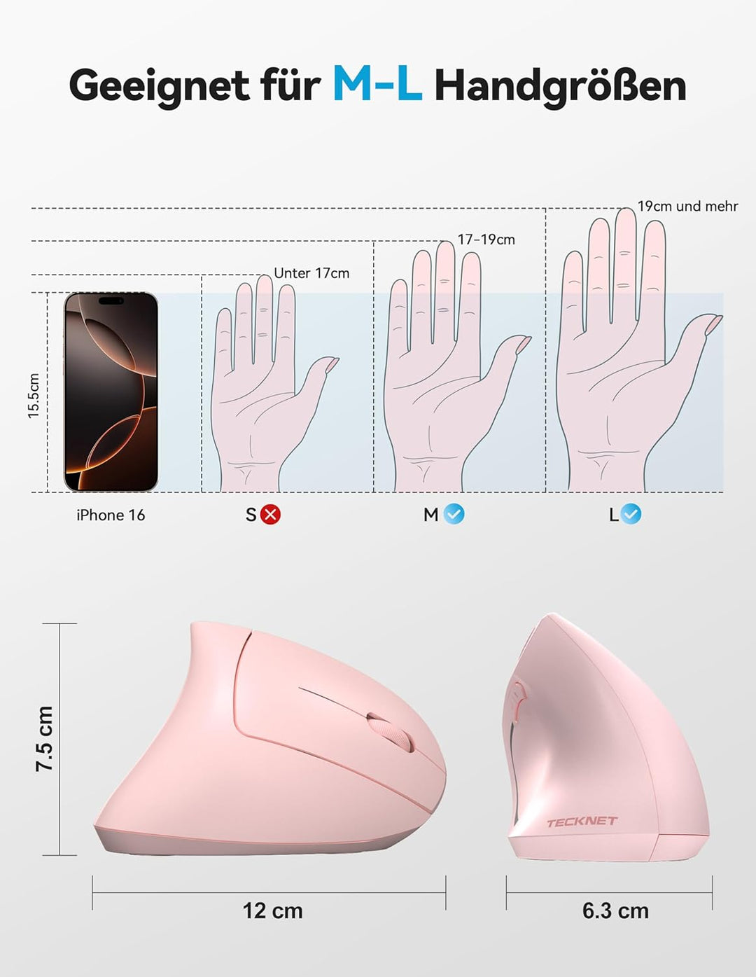 TECKNET Ergonomische Bluetooth Maus, Wiederaufladbar Kabellose Vertikale Maus (BT 5.0/3.0 + 2.4G), 6