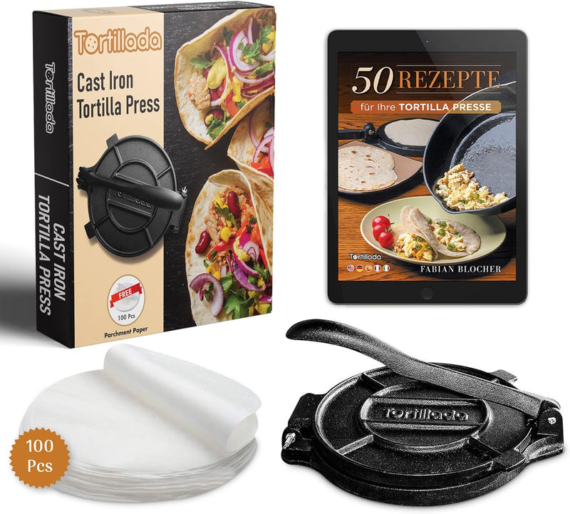 Tortillada – Tortillapresse aus Gusseisen + E-Book mit 50 Tortilla Rezepten + 100 x Pergamentpapier