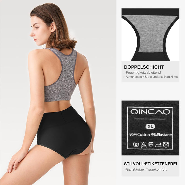 QINCAO Unterhosen Damen, 6er Pack Hohe Taille Slips Baumwolle Unterwäsche, Stretch Atmungsaktiv Pant