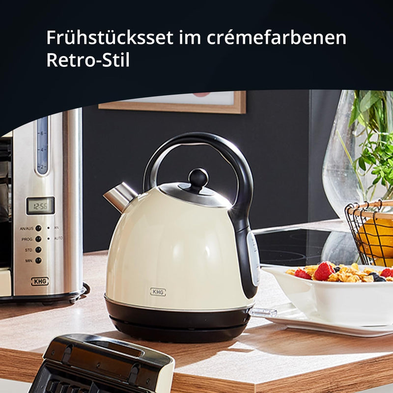 KHG Frühstücksset 2-teilig Kessel-Wasserkocher & Toaster, Creme Beige Retro American Diner Stil, 1,7