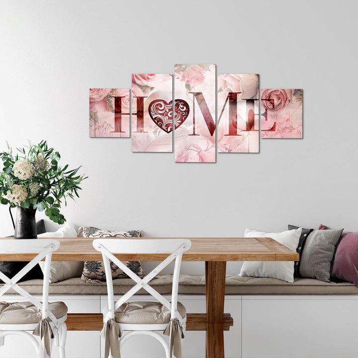 Runa Art Wandbilder Home Vintage 5 Teilig Bild auf Vlies Leinwand Deko Wohnzimmer Rosen Herz Rosa 03