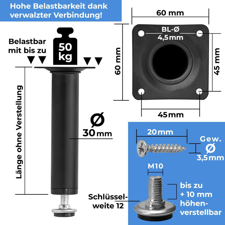 Stahlia Möbelfüsse verstellbar (4er Set) Edelstahl Matt 15cm Höhe belastbar bis 50kg Sofafüsse Schra